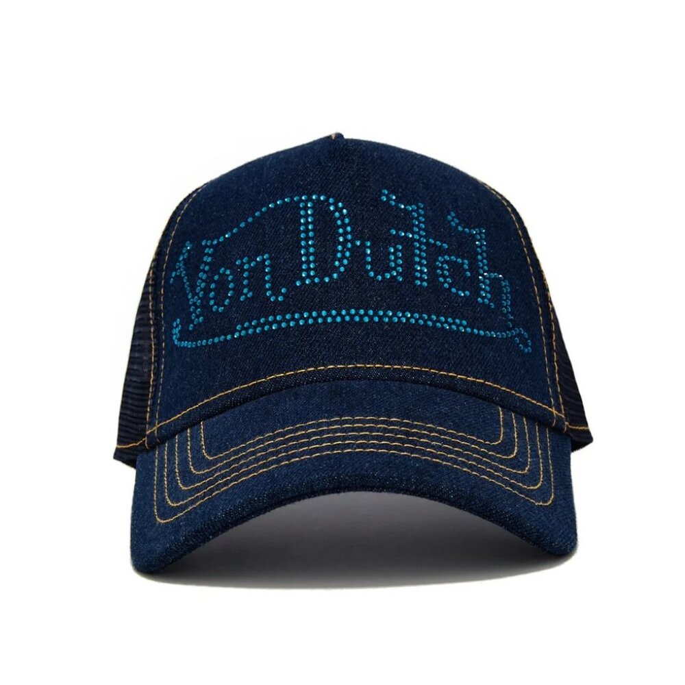Von Dutch Navy Rhinestone Logo Denim Trucker Hat MSRP89